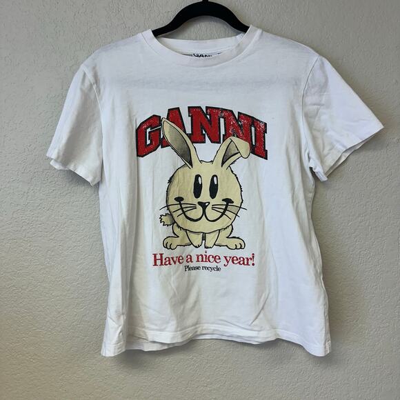 GANNI Have A Nice Year Crew Neck T-Shirt White Size 34 - Picture 3 of 6